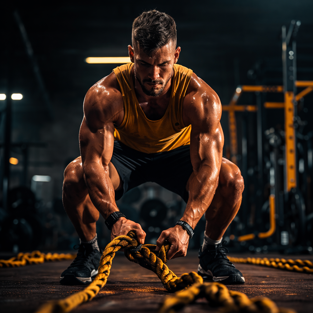 Muscular man workout with ropes